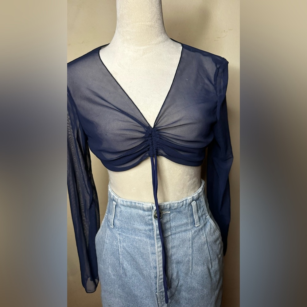 Mesh Sheer long Sleeve Crop Top with ties underbust v neck fishnet ruched noir - Picture 3 of 8